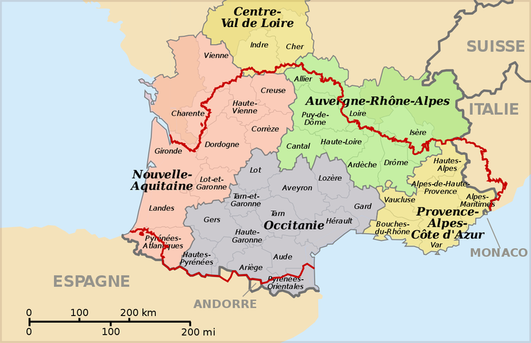 Un mapa de Occitania, en Francia, lugar originario de la lengua de Oc